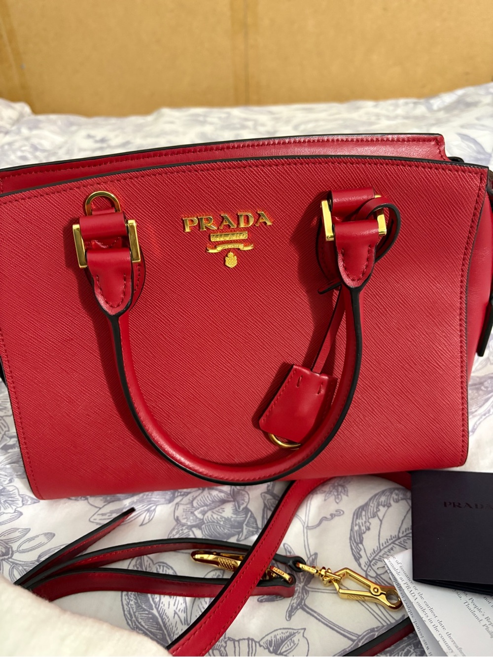 Prada Red Saffiano Leather Satchel with Gold Hardware